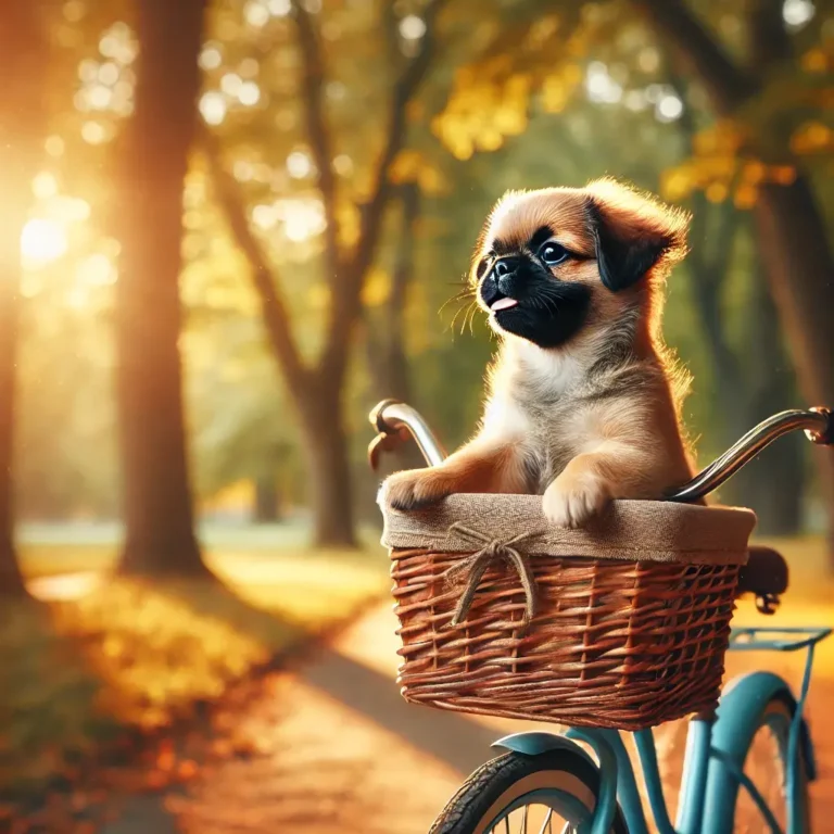 A realistic Pug Frenchie Mix puppy riding in a bicycle basket through a scenic park.