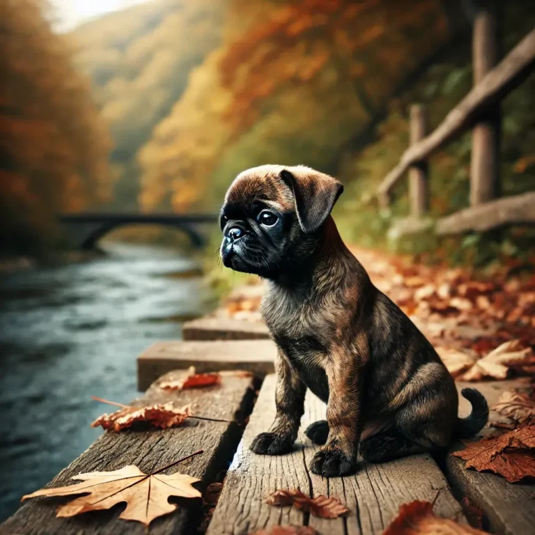 A realistic Pug Brindle Mix puppy sitting on a rustic wooden bridge, gazing at the river below.