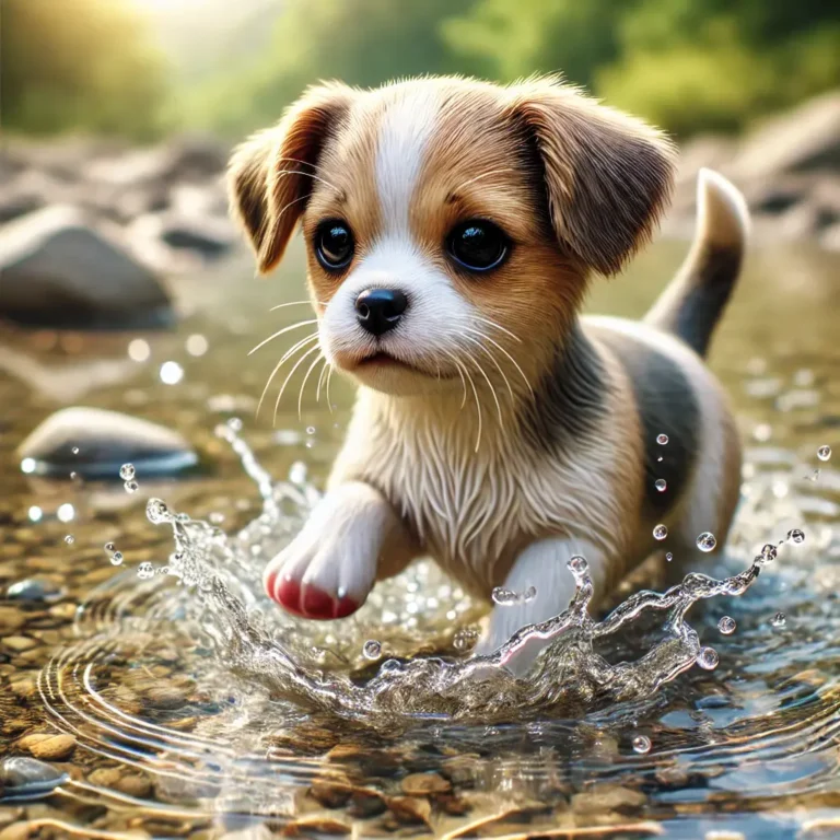 A realistic Chihuahua Pug Beagle Mix puppy playing in a shallow creek, splashing water with its paws.