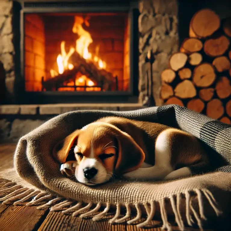 A realistic Beagle Pug Mix puppy curled up near a fireplace in a cozy cabin, sleeping soundly on a warm blanket.