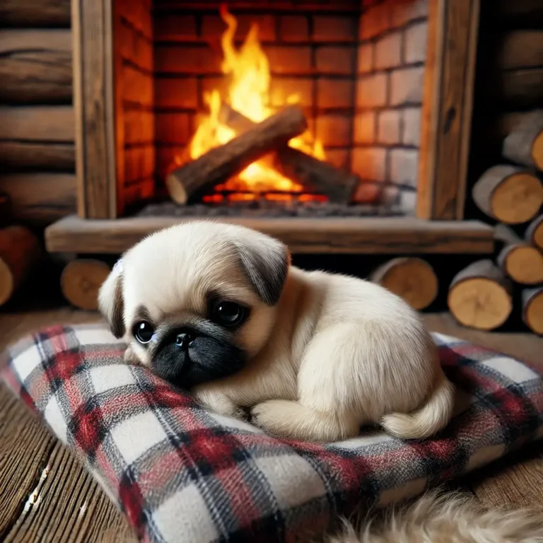 A realistic White Pug puppy curled up beside a cozy fireplace inside a log cabin, resting on a soft plaid blanket.