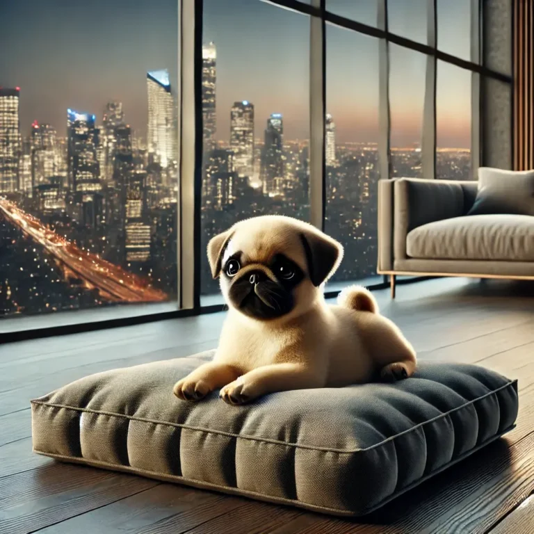 A realistic Lounge Pug puppy stretched out on a luxury pet bed inside a chic penthouse