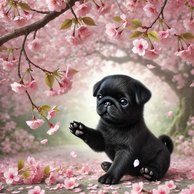 A realistic Black Chinese Pug puppy playing under a canopy of cherry blossoms