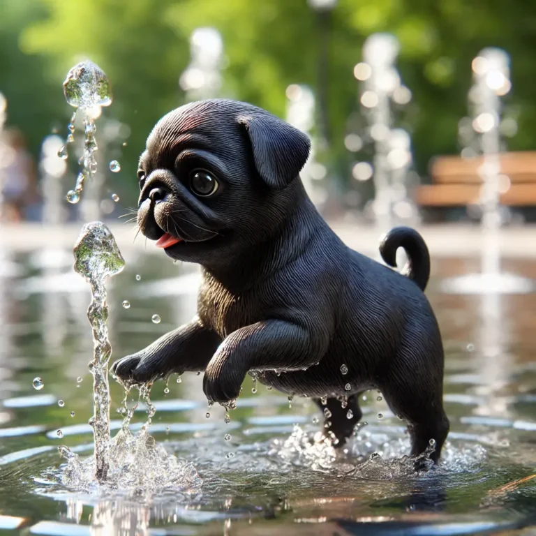 A realistic Black Pug puppy playing in a park fountain, splashing water with its tiny paws.