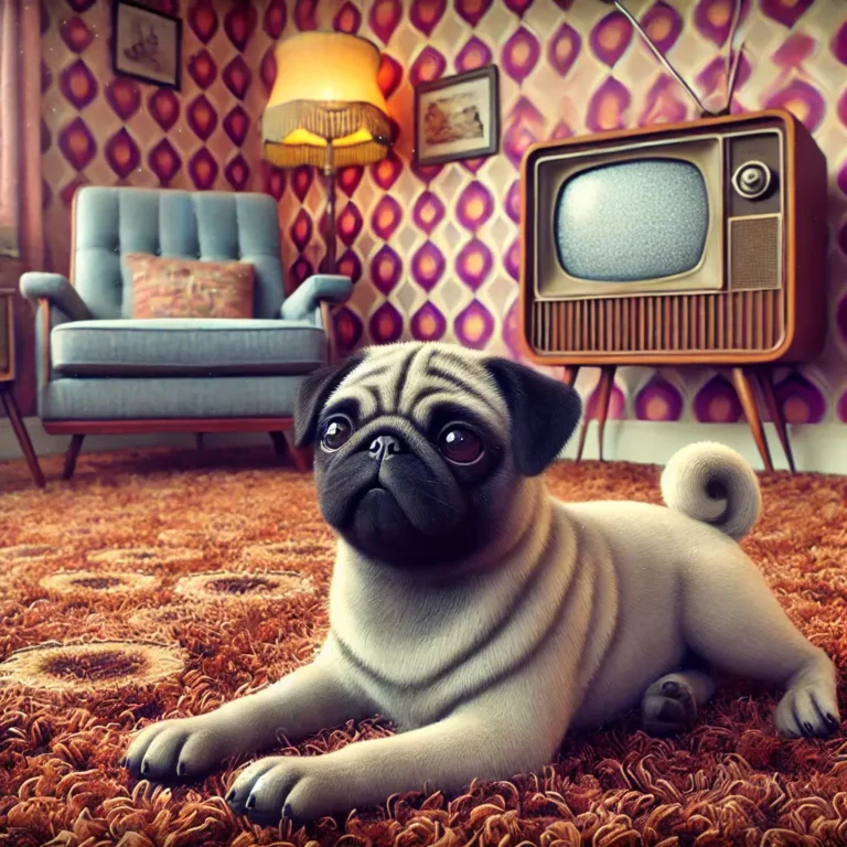 A realistic Pug Retro puppy lounging on a shag carpet in a 1970s-style living room