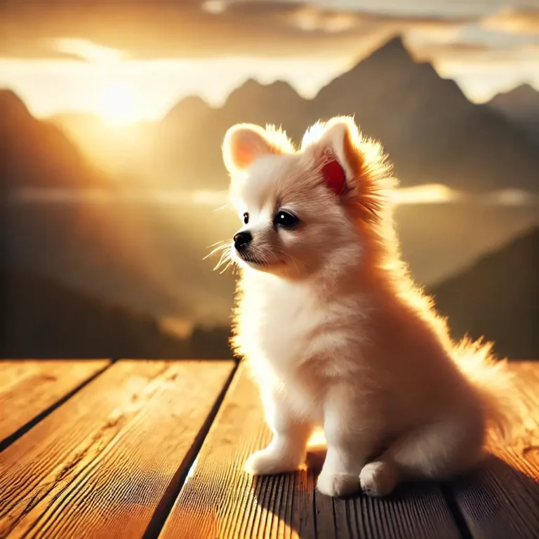 A realistic American Eskimo Dog Chihuahua Mix puppy sitting on a wooden deck