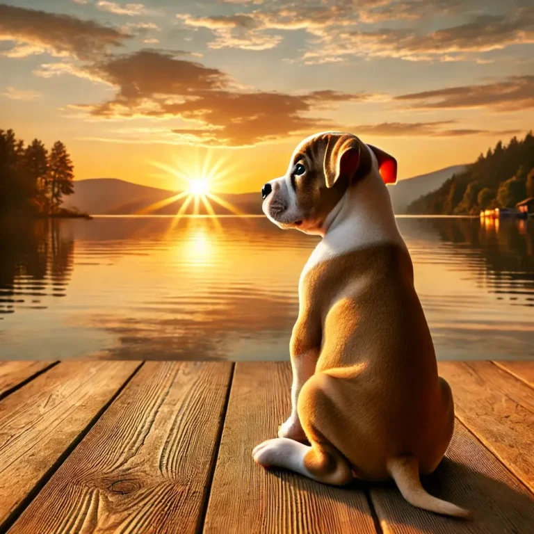 A realistic American Bulldog Pit Mix puppy sitting on a wooden deck, watching a sunset over a peaceful lake.