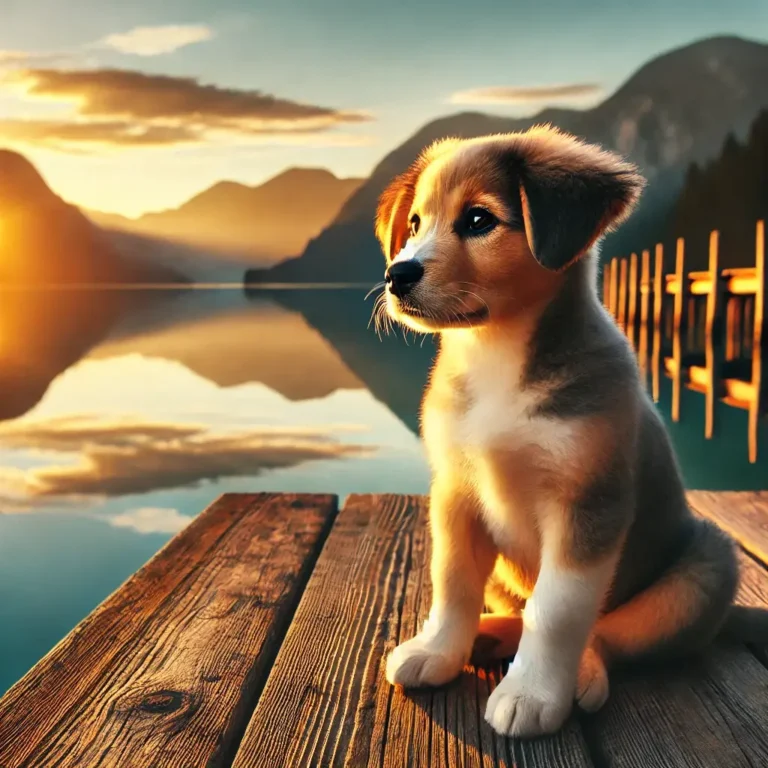 A realistic American Dog Mix puppy sitting on a wooden dock, gazing at the reflection of the mountains in a peaceful lake.