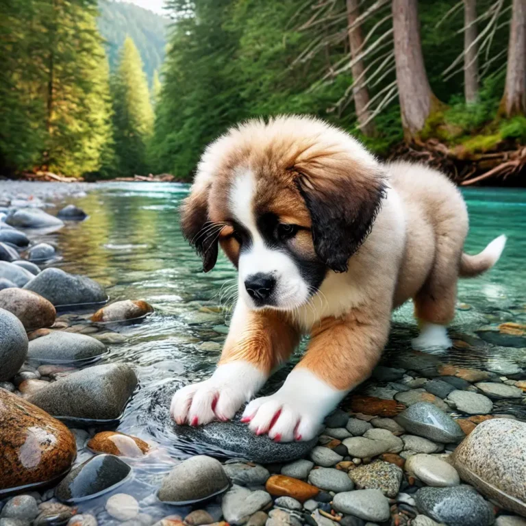 A realistic Large American Dog Breeds puppy playing at the edge of a crystal-clear river