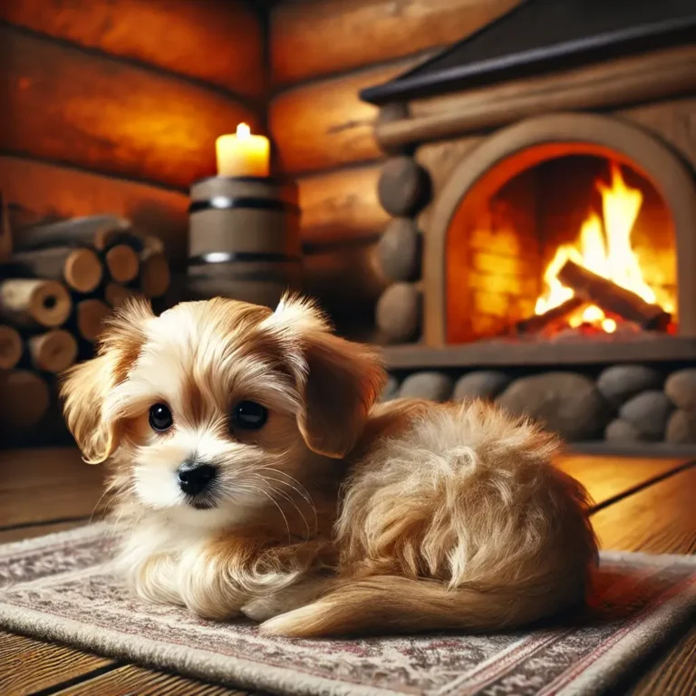 A realistic Small American Dog Breeds puppy curled up inside a cozy cabin near a fireplace