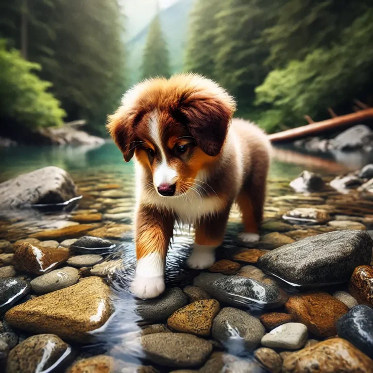 A realistic American Shepherd Dog puppy playing near a crystal-clear river