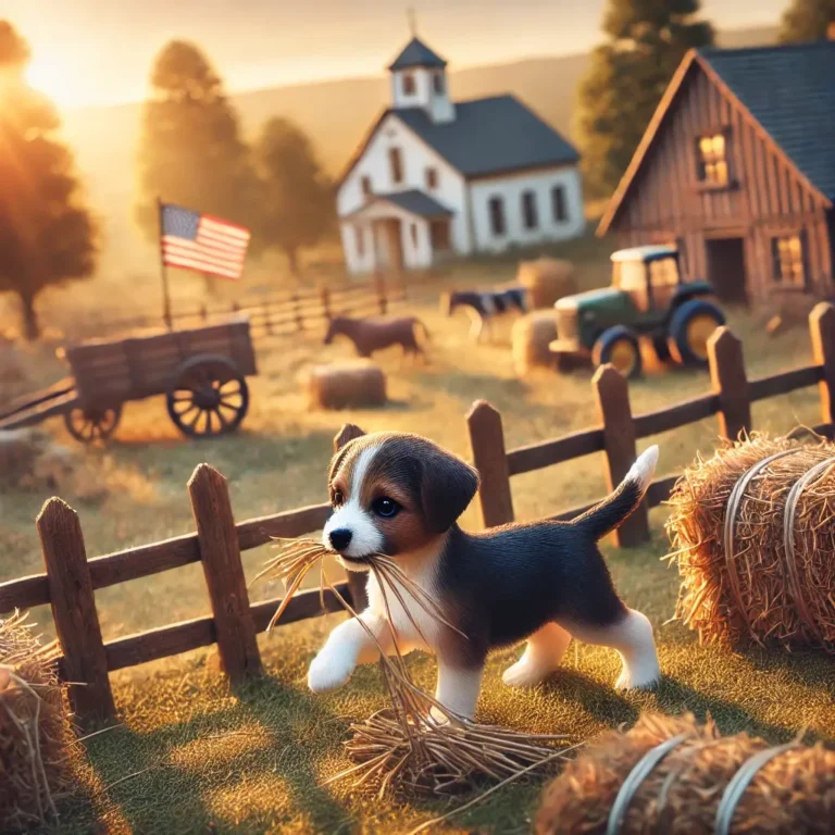 A realistic American Village Dog puppy playing in a rustic farmyard, surrounded by hay bales and wooden fences.