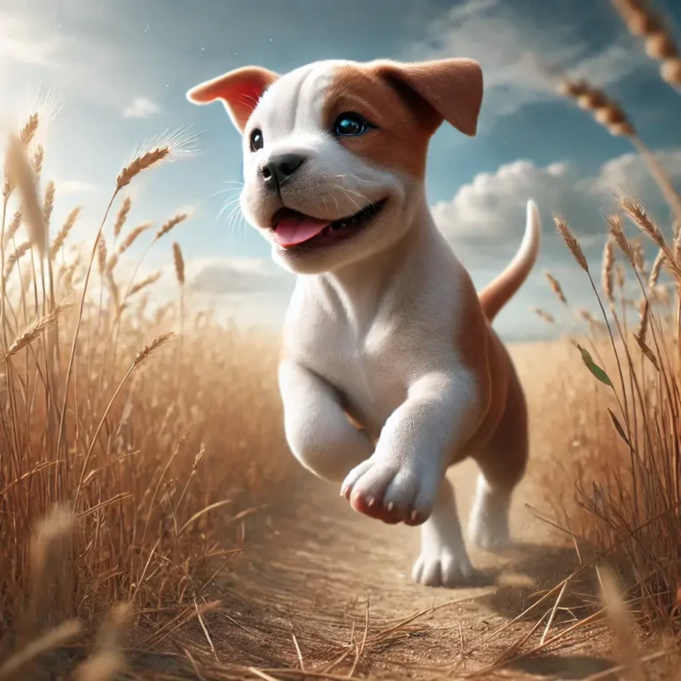 A realistic American Bulldog Pit Mix puppy running through a field of tall grass