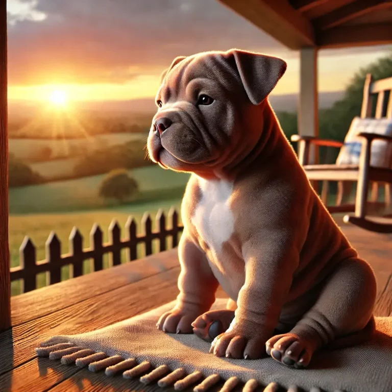 A realistic American Bully Dog puppy sitting on a cozy porch, watching the sunset over a peaceful countryside.