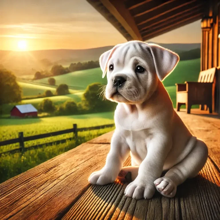 A realistic White American Bulldog puppy sitting on a rustic wooden porch