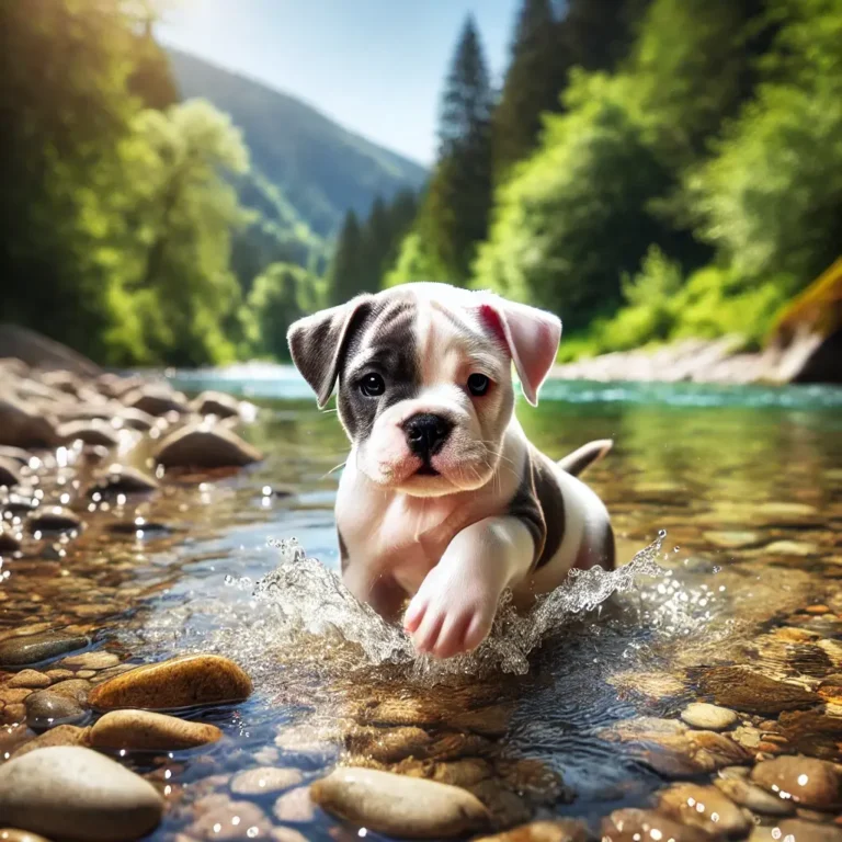 A realistic American Bulldog Terrier puppy playing near a sparkling river