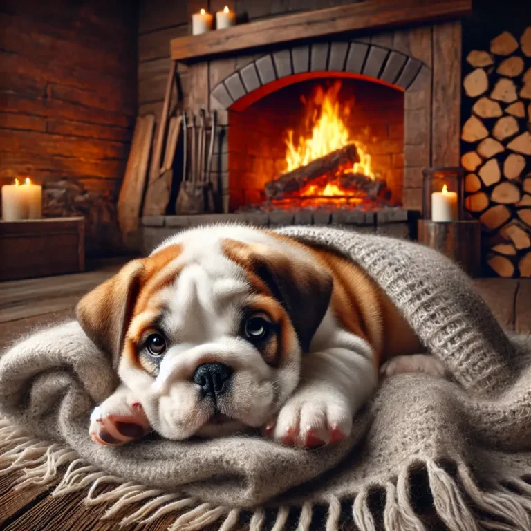 A realistic American Bulldog puppy curled up inside a cozy cabin near a fireplace