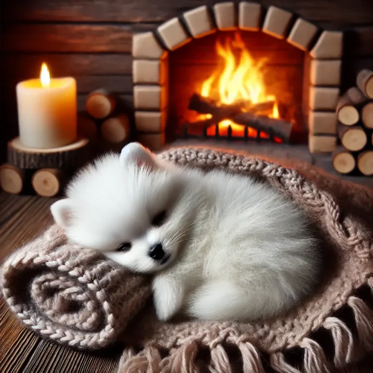 A realistic Teacup American Eskimo Dog puppy curled up inside a cozy log cabin