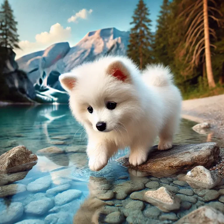 A realistic White American Eskimo Dog puppy playing at the edge of a crystal-clear river
