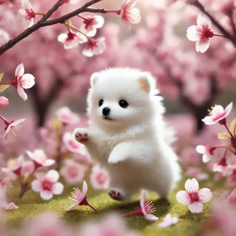 A realistic Miniature American Eskimo Dog puppy playing in a field of blooming cherry blossoms