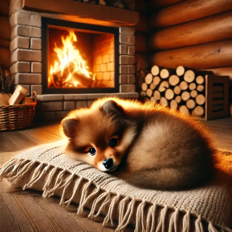A realistic Brown American Eskimo Dog puppy curled up inside a cozy cabin near a glowing fireplace
