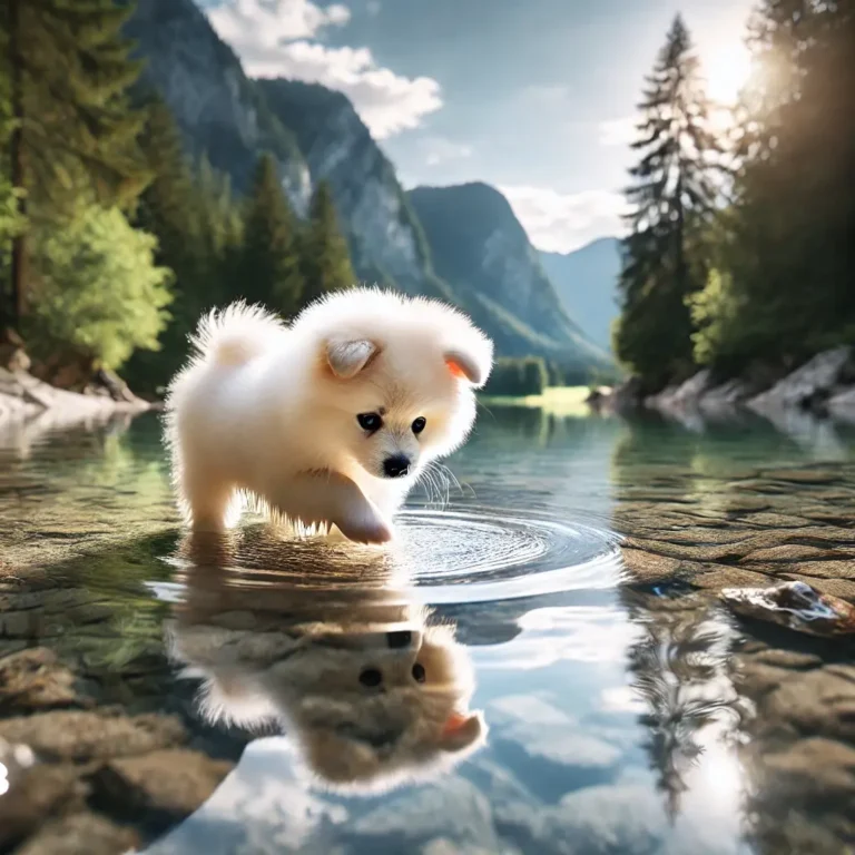 A realistic American Eskimo Dog puppy playing at the edge of a sparkling river