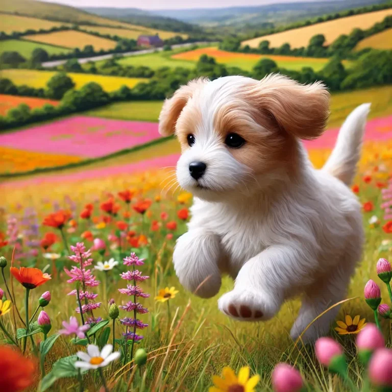 A realistic American Dog puppy running through a field of wildflowers, its tiny legs bouncing as it plays.