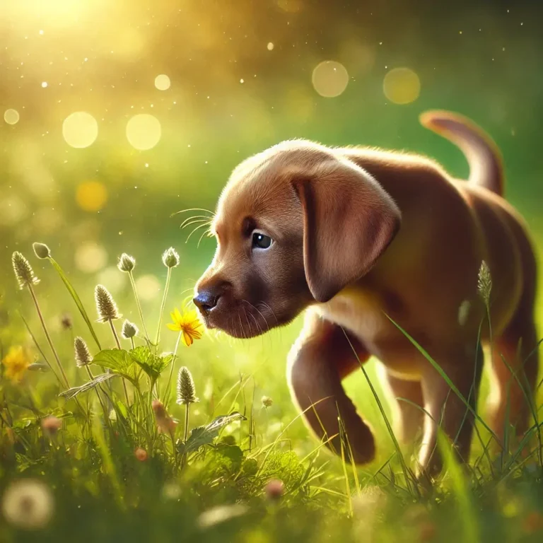 A realistic Labrador Pointer Dog puppy exploring a grassy meadow, sniffing the fresh wildflowers.