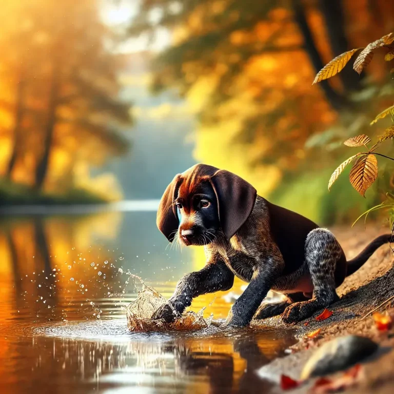A realistic Griffon Pointer Dog puppy playing near the edge of a tranquil river, splashing water with its paws.