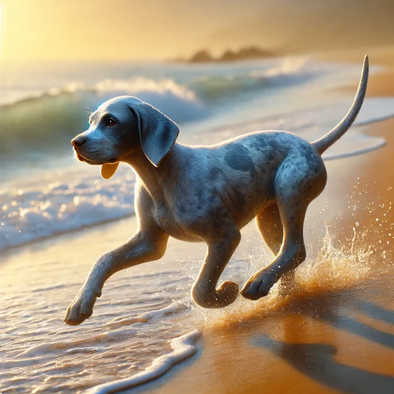 A realistic Blue Pointer Dog puppy running along a sandy beach