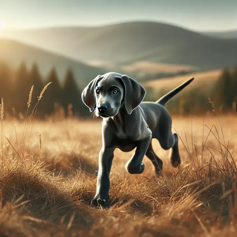 A realistic Grey Pointer Dog puppy playing in an open meadow