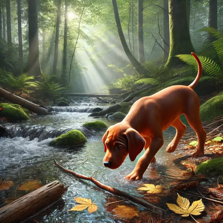 A realistic Red Pointer Dog puppy playing near a bubbling creek in a dense forest