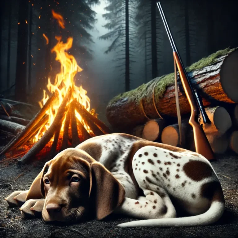A realistic Hunting Pointer Dog puppy curled up beside a hunter’s campfire