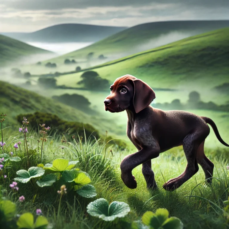 A realistic Irish Pointer Dog puppy exploring a misty green hillside