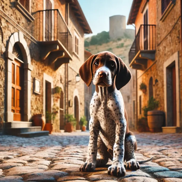 A realistic Italian Pointer Dog puppy sitting on a cobblestone street in a charming Italian village