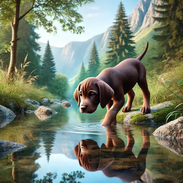 A realistic Brown Pointer Dog puppy playing near a tranquil river