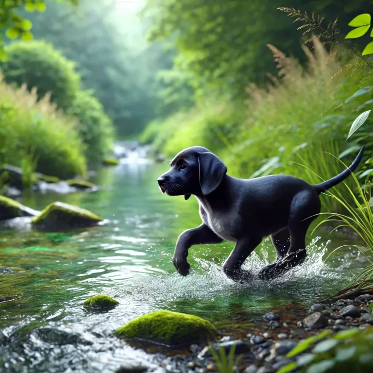 A realistic Pointer Black Lab Mix puppy playing near a gentle river