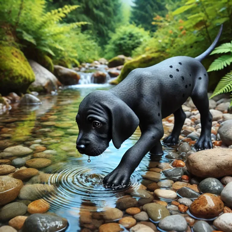 A realistic Black Pointer Dog puppy playing near a crystal-clear stream