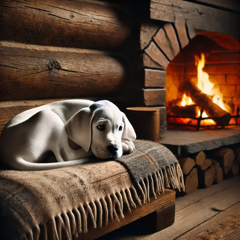 A realistic White English Pointer Dog puppy curled up on a cozy blanket beside a crackling fireplace inside a rustic log cabin.