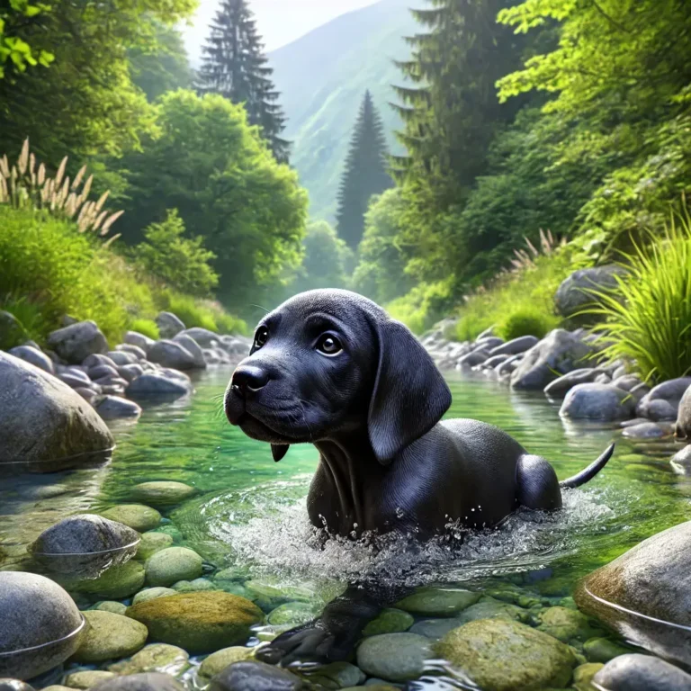 A realistic Black English Pointer Dog puppy playing near a crystal-clear river