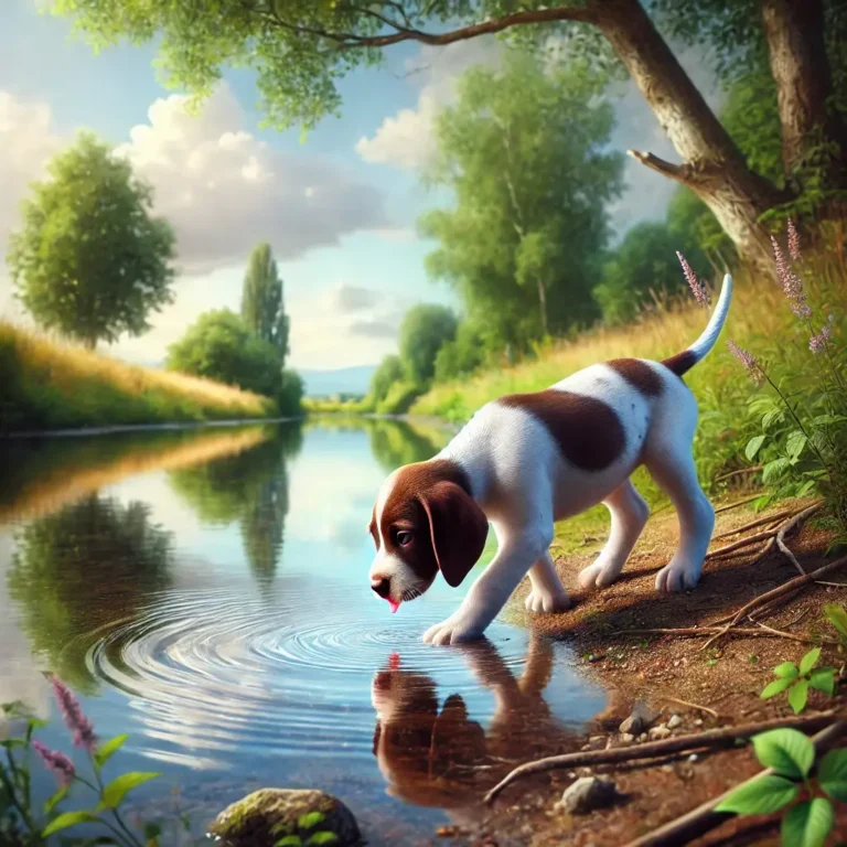A realistic English Pointer Dog puppy playing near a peaceful riverbank