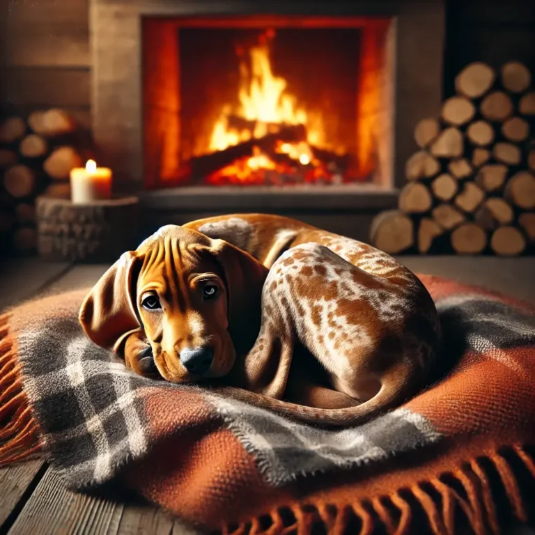 A realistic Hungarian Pointer Dog puppy curled up by a warm fireplace inside a cozy countryside home