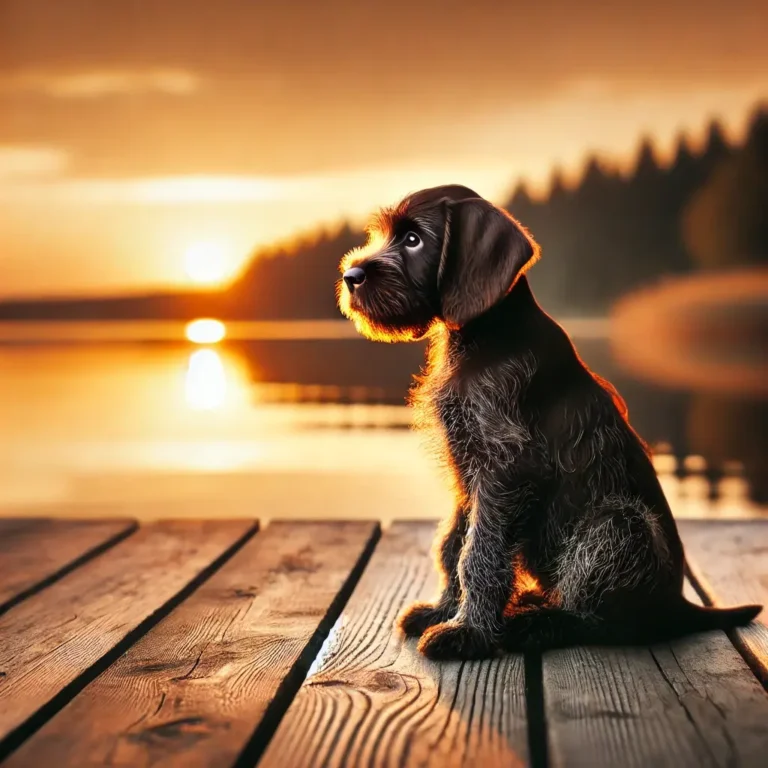 A realistic German Wirehaired Pointer Dog puppy sitting on a wooden dock