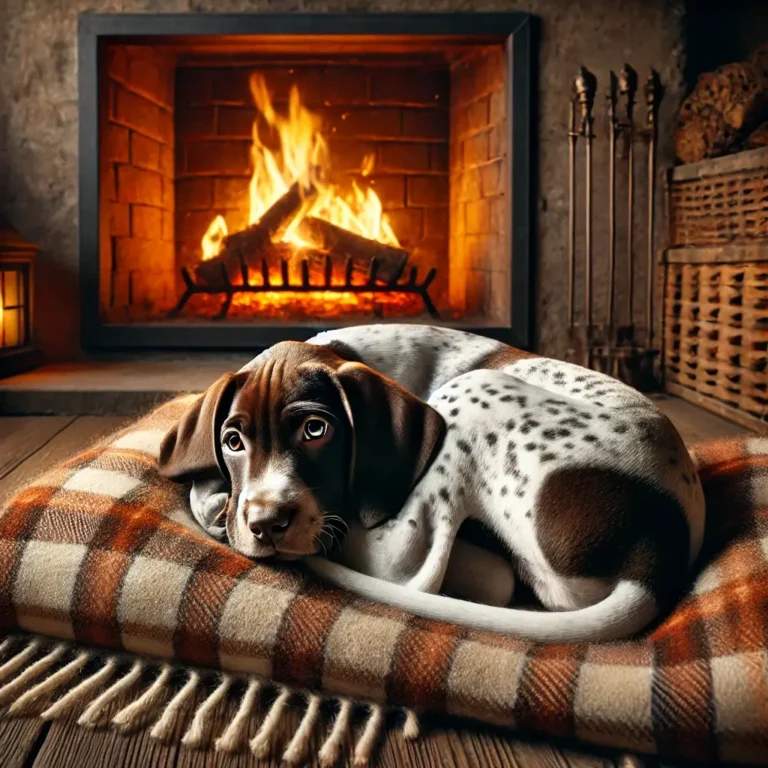 A realistic Pointer Dog puppy curled up by a warm fireplace inside a cozy cottage