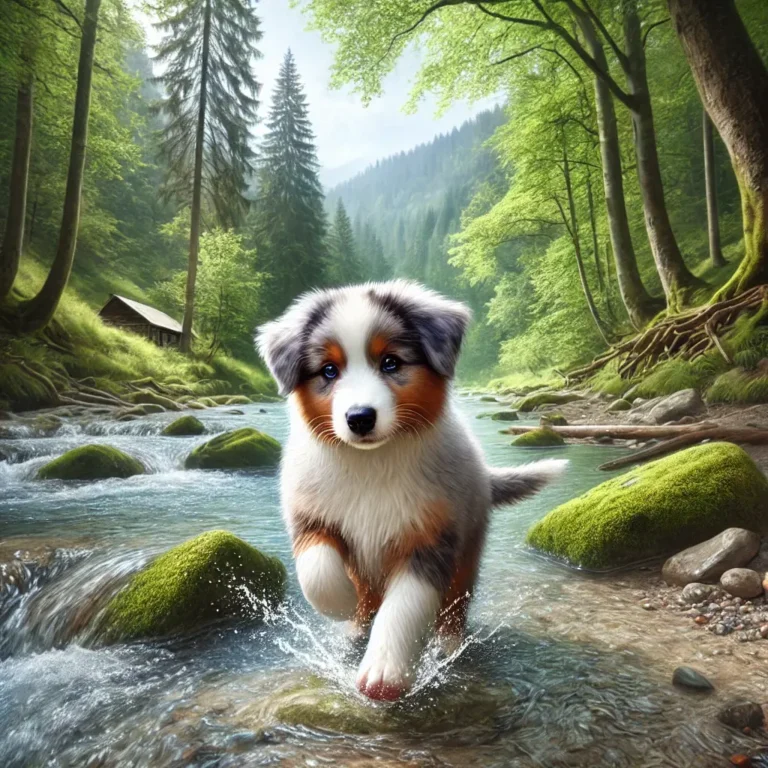 A realistic Australian Shepherd Dog puppy playing near a gently flowing river