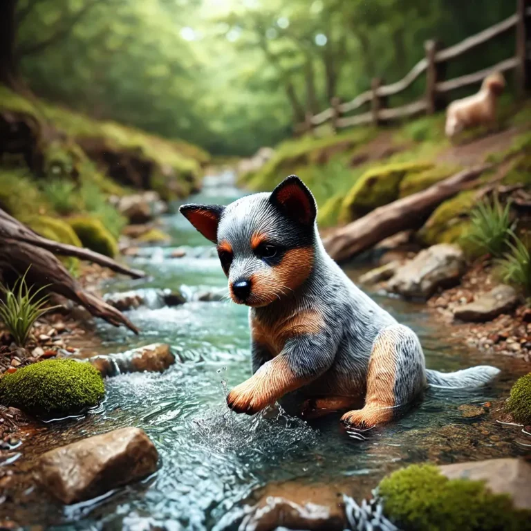 A realistic Australian Stumpy Tail Cattle Dog puppy playing near a gently flowing creek