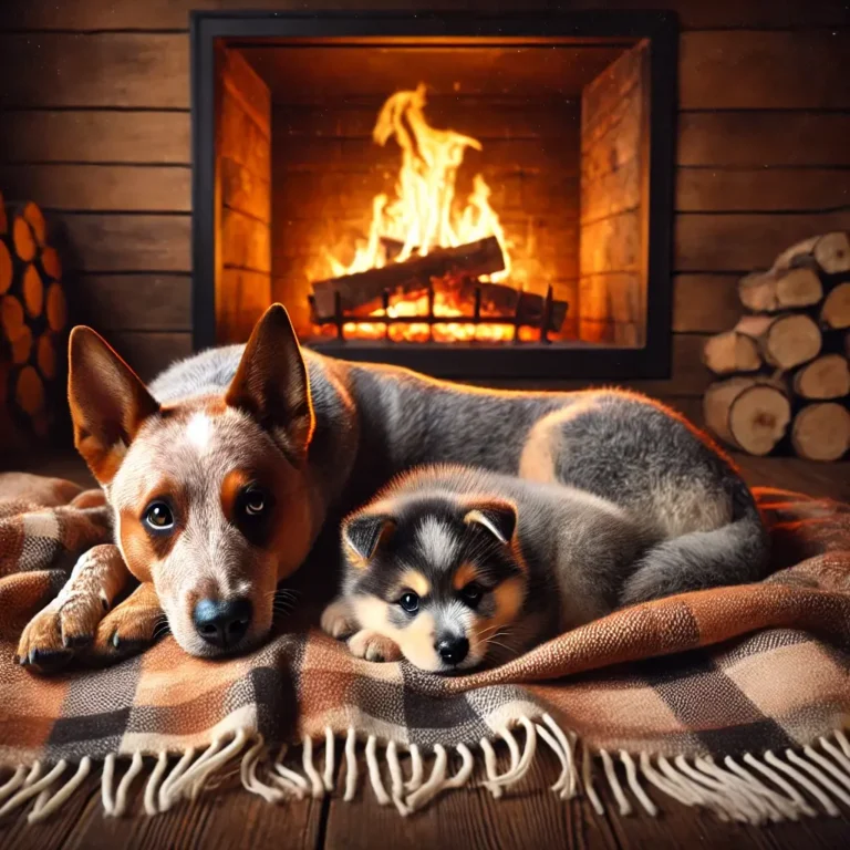 A realistic Australian Cattle Dog and Husky Mix puppy curled up beside a crackling fireplace in a cozy cabin