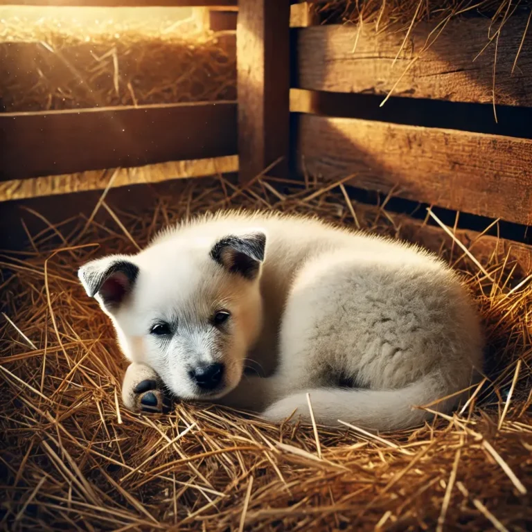 A realistic White Australian Cattle Dog puppy curled up inside a cozy barn