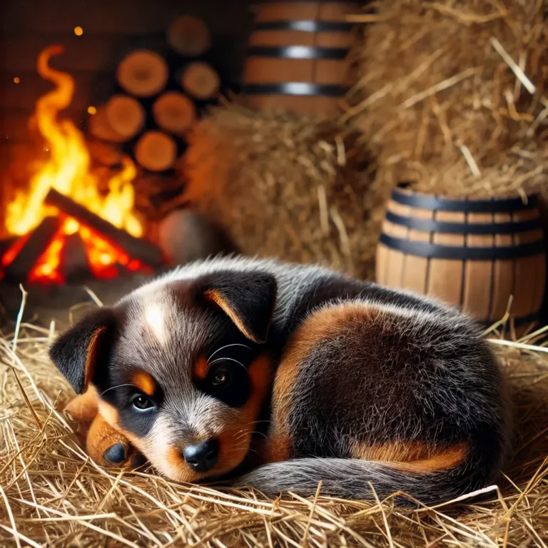 A realistic Brown Australian Cattle Dog puppy curled up beside a warm barn fire