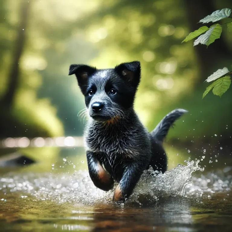 A realistic Black Australian Cattle Dog puppy splashing playfully in a shallow creek